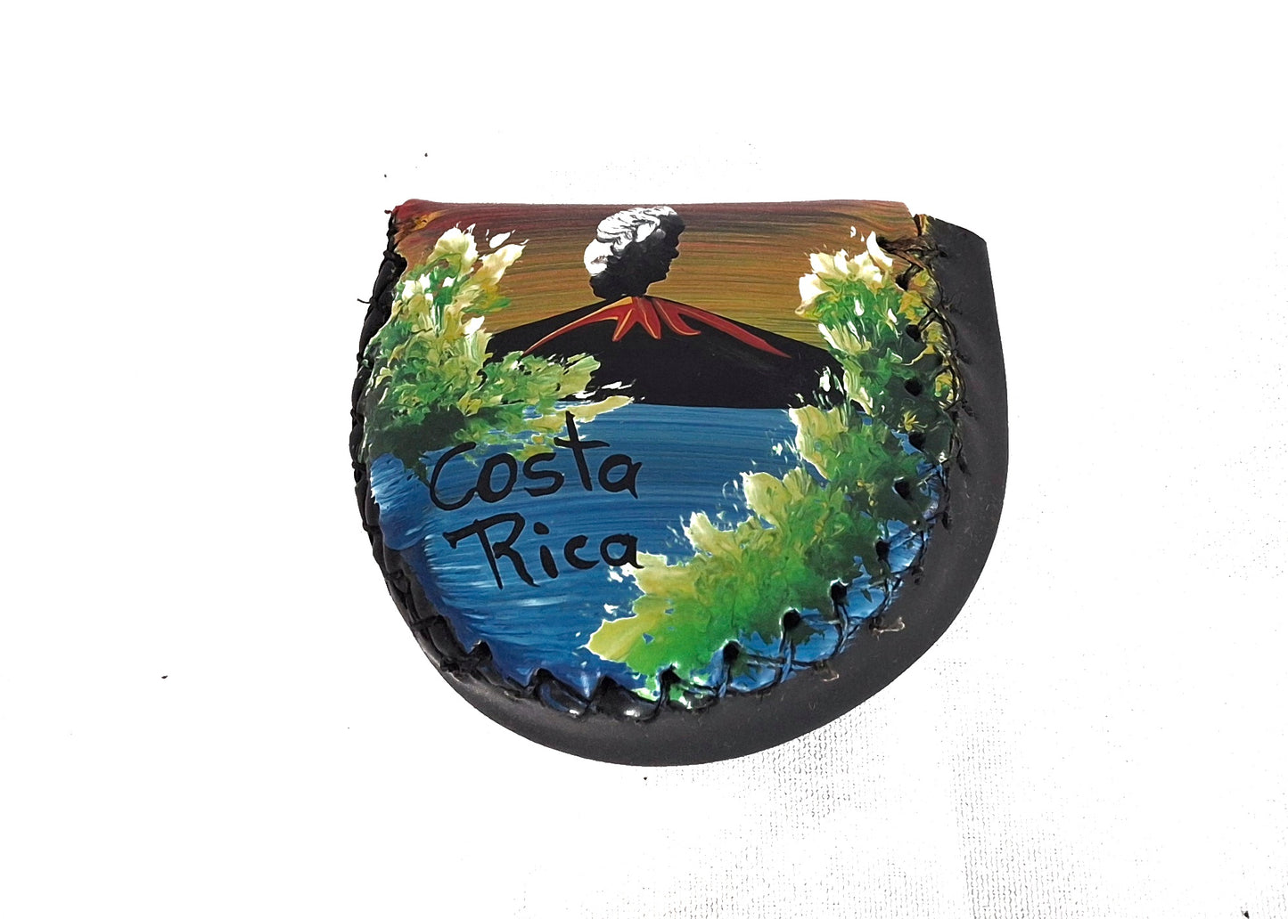 Monedero de cuero con volcán pintado a mano