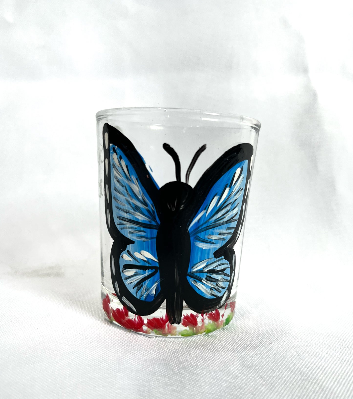 Shot de vidrio de mariposa morpho