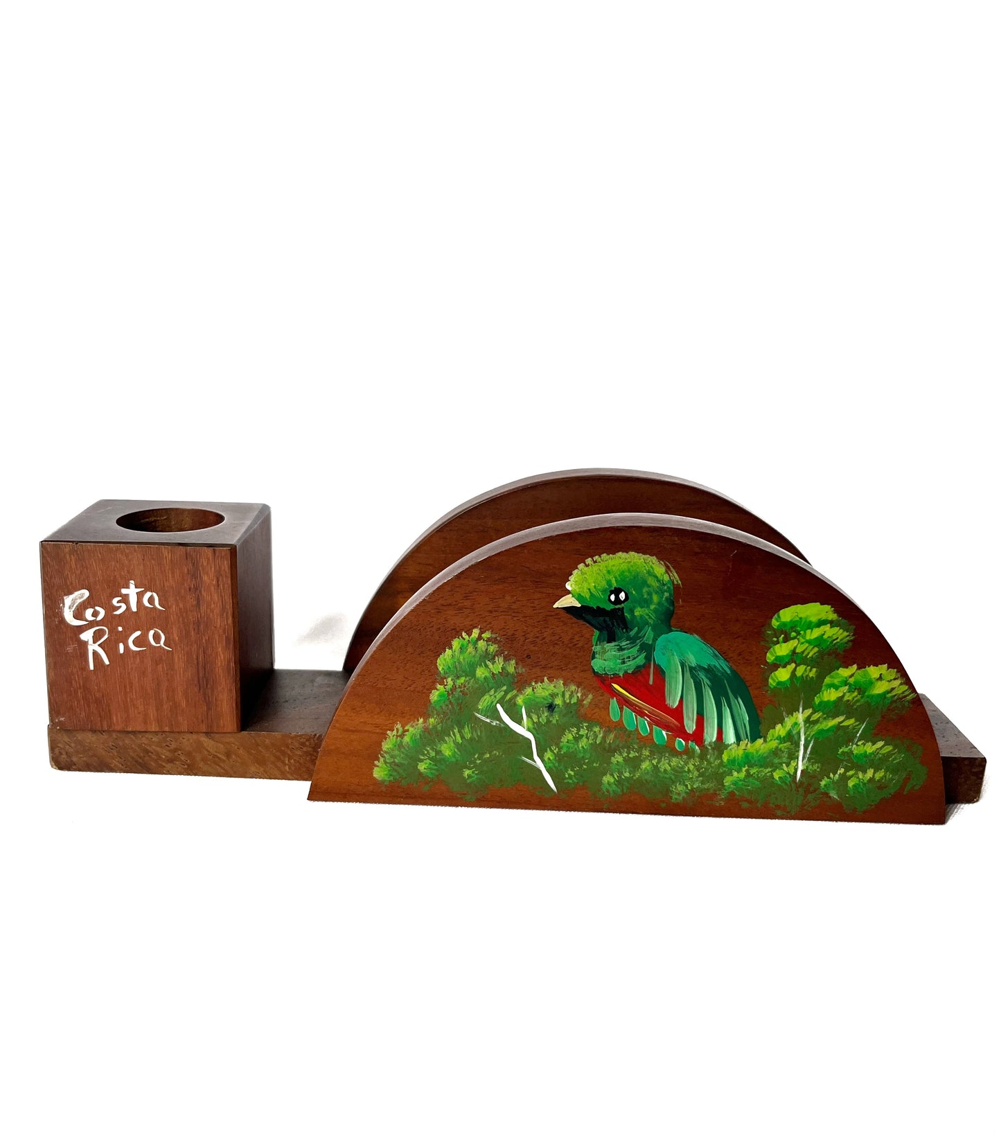 Porta lapiceros y sostenedor de hojas con Quetzal pintado a mano
