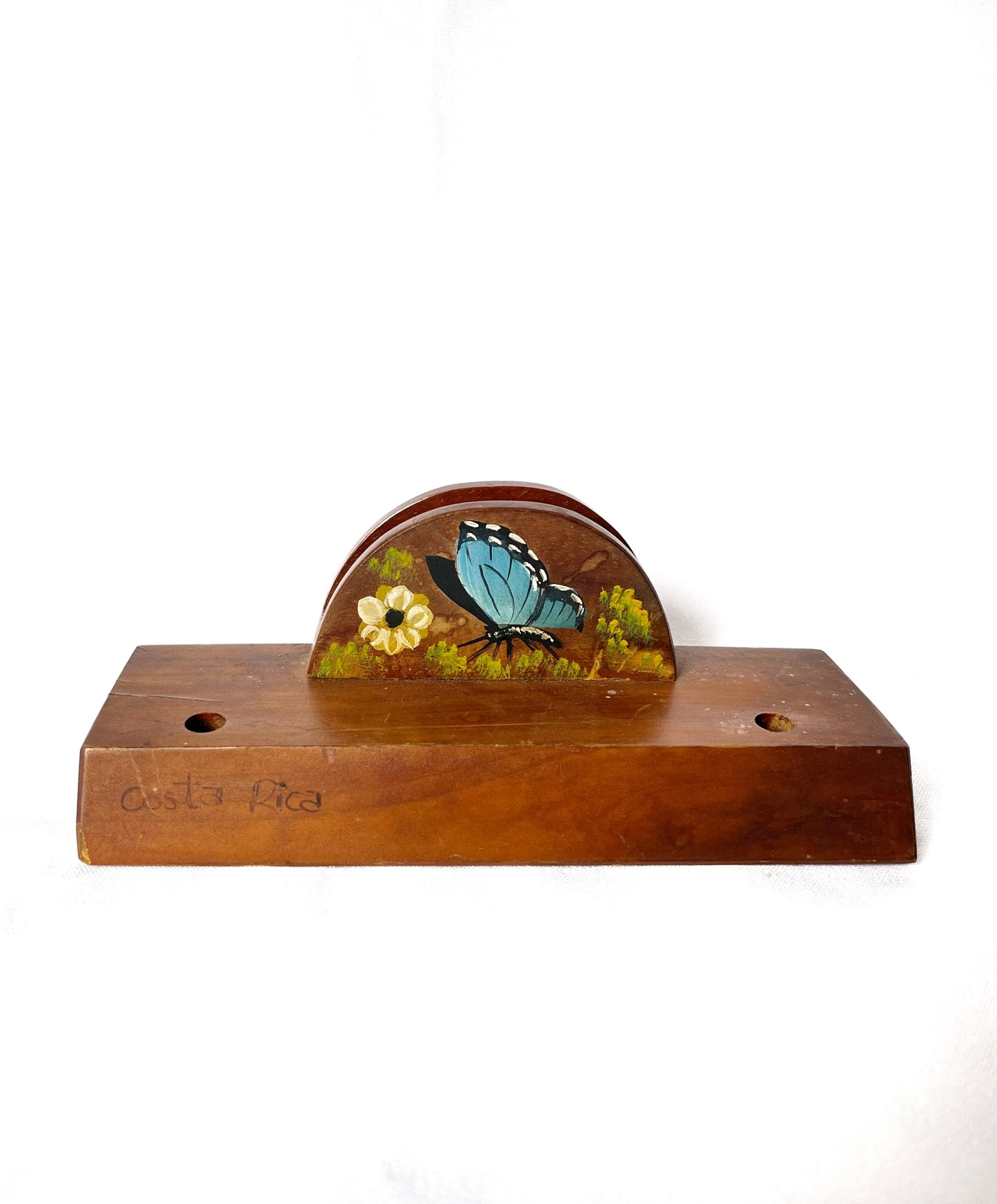 Porta lapiceros de madera con sostenedor de papeles y mariposa morpho pintada a mano