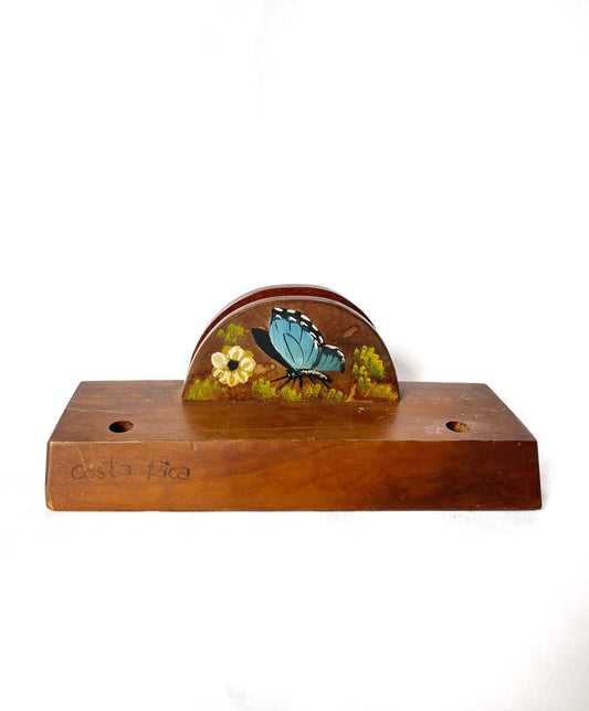 Porta lapiceros de madera con sostenedor de papeles y mariposa morpho pintada a mano