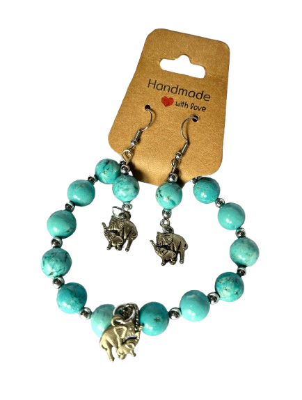 Set de pulsera y aretes turquesa con elefantes