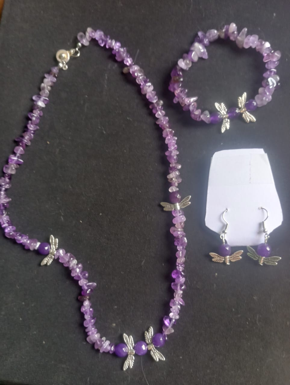 Juego de collar y aretes de libélulas en acero inóxidable